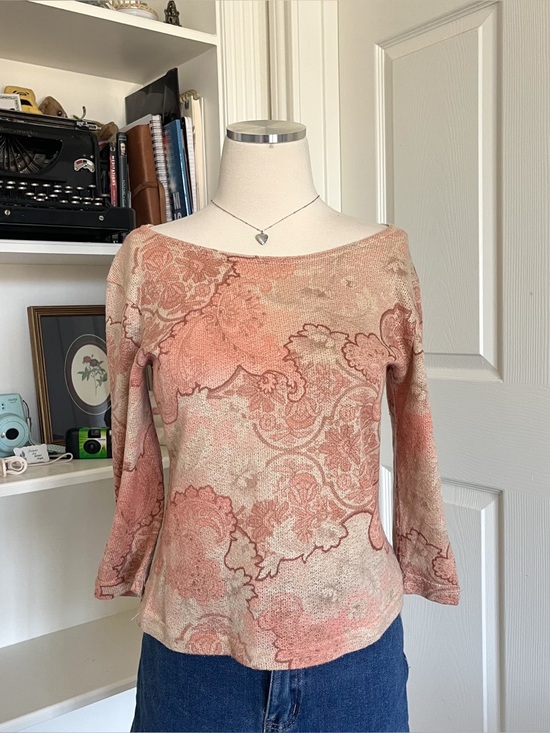Db Sport Tops - 90s DB Sport Peach and beige paisley wide boatneck top with quarter sleeves.